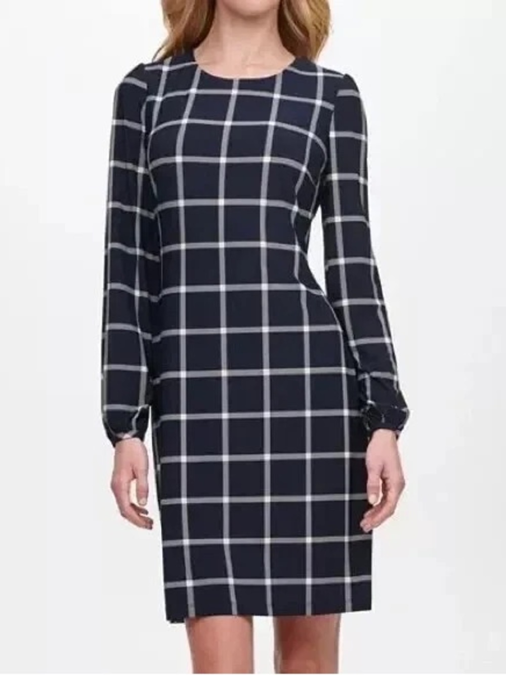 Tommy Hilfiger Navy and White Windowpane Midi Dress